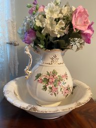 ANTIQUE FLORAL PITCHER AND WASH BASIN