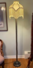 VINTAGE BRASS FLOOR LAMP WITH CREAM COLORED FRINGE SHADE