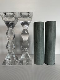 2 PR OF CRYSTAL AND CERAMIC CANDLESTICK HOLDERS
