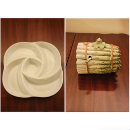 DECORATIVE SERVING DISH AND ASPARAGUS BOWL WITH LID