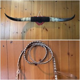 DECORATIVE BULL HORNS AND WHIP
