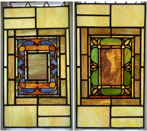 PR OF VINTAGE STAINED GLASS WINDOW HANGING PANELS