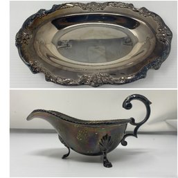 SILVERPLATED GRAVY BOAT AND SERVING TRAY