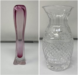 LAVENDAR GLASS ART AND VINTAGE WATERFORD CRYSTAL VASES