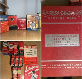 PR OF 1960'S TRANSISTOR RADIOS WITH ASSORTED BATTERIES, TUBES AND SERVICE BOOK