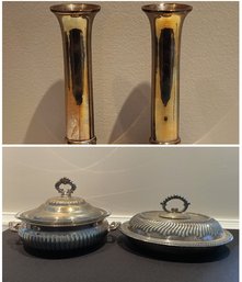 PR OF SILVERPLATE CANDLESTICK HOLDERS AND COVERED SERVING DISHES