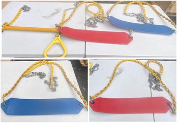 YELLOW TRAPEZE BAR WITH RINGS AND RED AND BLUE SWING SET