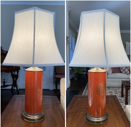 PR OF RED CHINOISERIE TABLE LAMPS WITH BRASS BASE