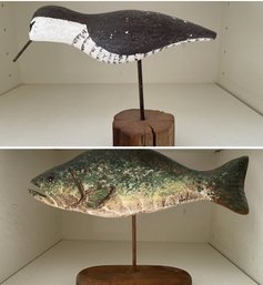 PR OF VINTAGE SIGNED FISH AND BIRD SCULPTURES