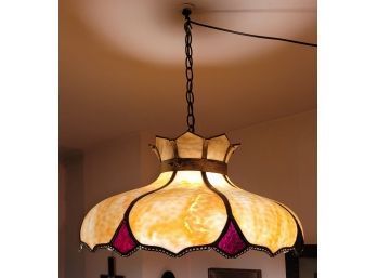 VINTAGE HANGING STAINED GLASS LAMP-BRASS W/RED AND CREAM CARAMEL SWIRL