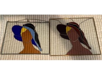 STAINED GLASS ART BY JUAN FIGUEREDO PAIR OF 'WOMEN WITH HATS'