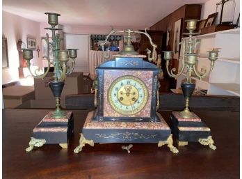 3 PIECE SET OF MARBLE AND BRASS MANTLE CLOCK WITH MATCHING PAIR OF LOUIS XVI STYLE CANDELABRA