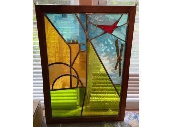 'CASTLE AND WINDMILL W/RED STAR' STAINED GLASS ART BY JUAN FIGUEREDO
