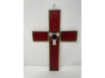 RED STAINED GLASS CROSS SIGNED BY JUAN FIGUEREDO