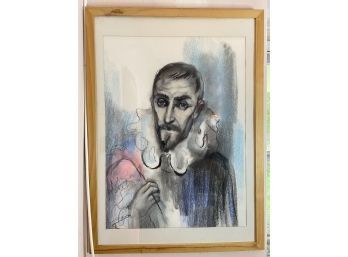 DON QUIJOTE SIGNED WATERCOLOR AND CHARCOAL PORTRAIT