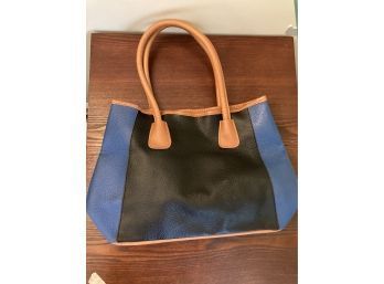 NEIMAN MARCUS BLACK AND BLUE LEATHER TOTE BAG