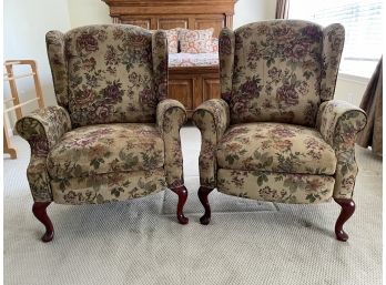 Pair Of Wing Back Armchair/Recliner  With Floral Upholstery And Wood Legs From Stoney Creek Ontario