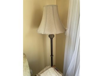 Floor Lamp With Tassel And Carved Leaf Details. Silver Design On Base
