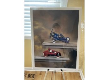 ORIGINAL ART BY BRUCE WITHERS 'BLUE AEROPLANE AND RED MOTORBIKE WITH SIDECAR'