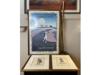GOLF THEMED FRAMED ART WITH A PAIR OF VINTAGE CLUBS