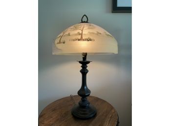 VINTAGE BRASS REVERSE PAINTED TABLE LAMP WITH PATHWAY IN THE WOOD SHADE