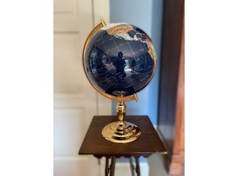 VINTAGE DEEP BLUE GLOBE INLAID WITH QUARTZ AND STONE ON BRASS STAND