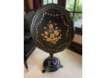ENGLISH 19TH CENTURY FLIP TOP TABLE WITH HAND PAINTED FLORAL DESIGN AND MOTHER OF PEARL INLAY