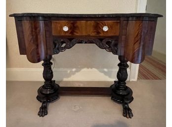 MAHOGANY AND BURLWOOD SIDE TABLE WITH CLAW FOOTED BASE