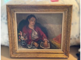 VINTAGE FRAMED ROBERT PHILIPP OIL ON CANVAS 'A GIRL SEATED ON BLUE COUCH'