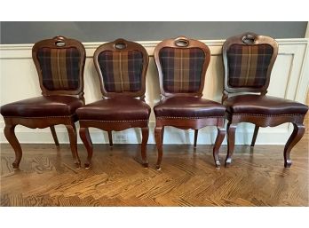 SET OF 4 ANTIQUE SIDE CHAIRS WITH EDELMAN LEATHER SEATS AND RL PLAID FABRIC BACKS