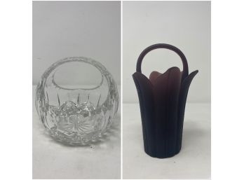 CRYSTAL ORB WITH HANDLE AND MIKASA GLASS VASE BY KURATA