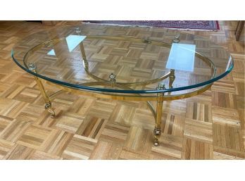 AMERICAN HOLLYWOOD REGENCY STYLE OVAL GLASS TOP COFFEE TABLE