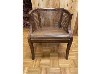 ANTIQUE CANE BACK CHAIR WITH LEATHERETTE COVERED SEAT