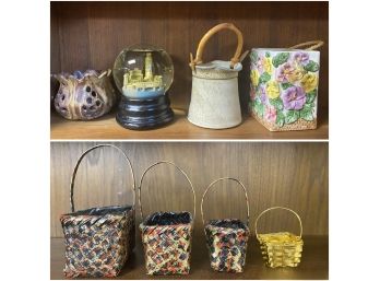 COLORFUL COLLECTION OF MINI BASKETS AND SIGNED CERAMIC ART