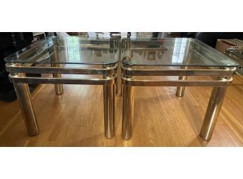 PAIR OF BRASS MCM GLASS TOP SIDE TABLES