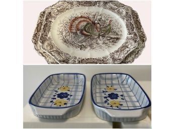Pair Of Antique Turkey Serving Platters & Pair Of Glazed Ceramic Trays