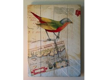 Vintage Botanical Bird Print On Wood Planks
