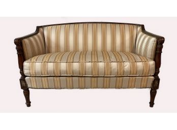 Silk Upholstered Mahogany Sheraton Style Settee With Brass Head Nail Trim
