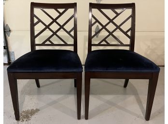 Pair Of Ethan Allen Chippendale Side Chairs With Navy Felt Seating