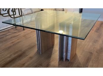 MCM TRAVERTINE PEDESTAL GLASS TOP DINING TABLE