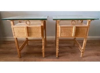 PAIR OF MCM 1 DRAWER BIRDSEYE MAPLE GLASS TOP SIDE TABLES