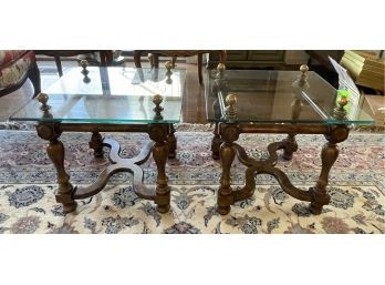 Pair Of Vintage French Regency Glass Top End Tables