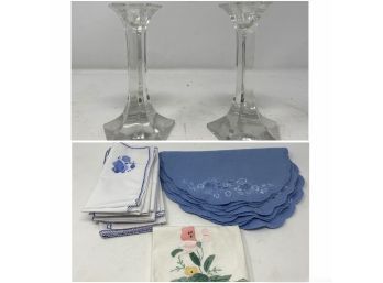 Assorted Collection Of Table Linens And A Pair Of Candlestick Holders