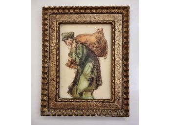 Framed Hand Painted Tile 'Man Carrying Sack Over Shoulder'