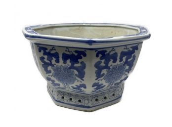Blue And White Ceramic Hexagon Planter With Drain