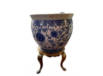 Blue And White Ceramic Cachepot Planter With Brass Stand