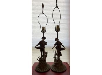 Pair Of Distressed French Spelter Peasant Lamps