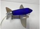 Chrome Art Deco Style DC-3 Airplane Table Lamp With Cobalt Blue Glass Shade