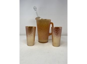 VINTAGE 1930'S MARIGOLD CARNIVAL GLASS PITCHER AND PR OF TUMBLERS