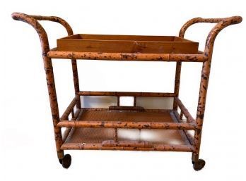 VINTAGE BURNT BAMBOO BAR CART WITH SERVING TRAY